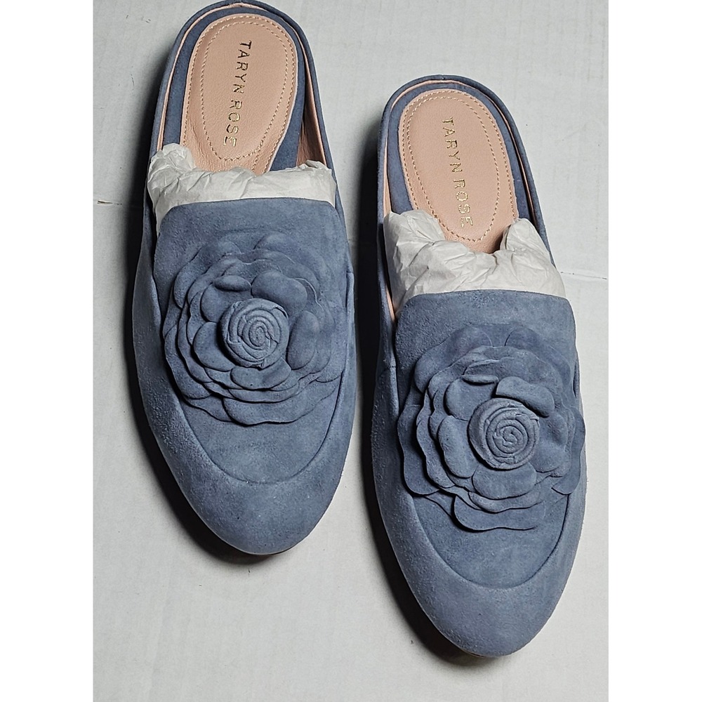 Taryn Rose Blythe Silky Suede Mules Blue Flower Applique Slides 5B 34TR0019 NIB